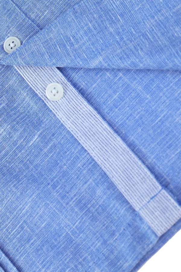 Guayamisa Manga Corta De Lino Azul Jaspe Con Alforza Para Hombre